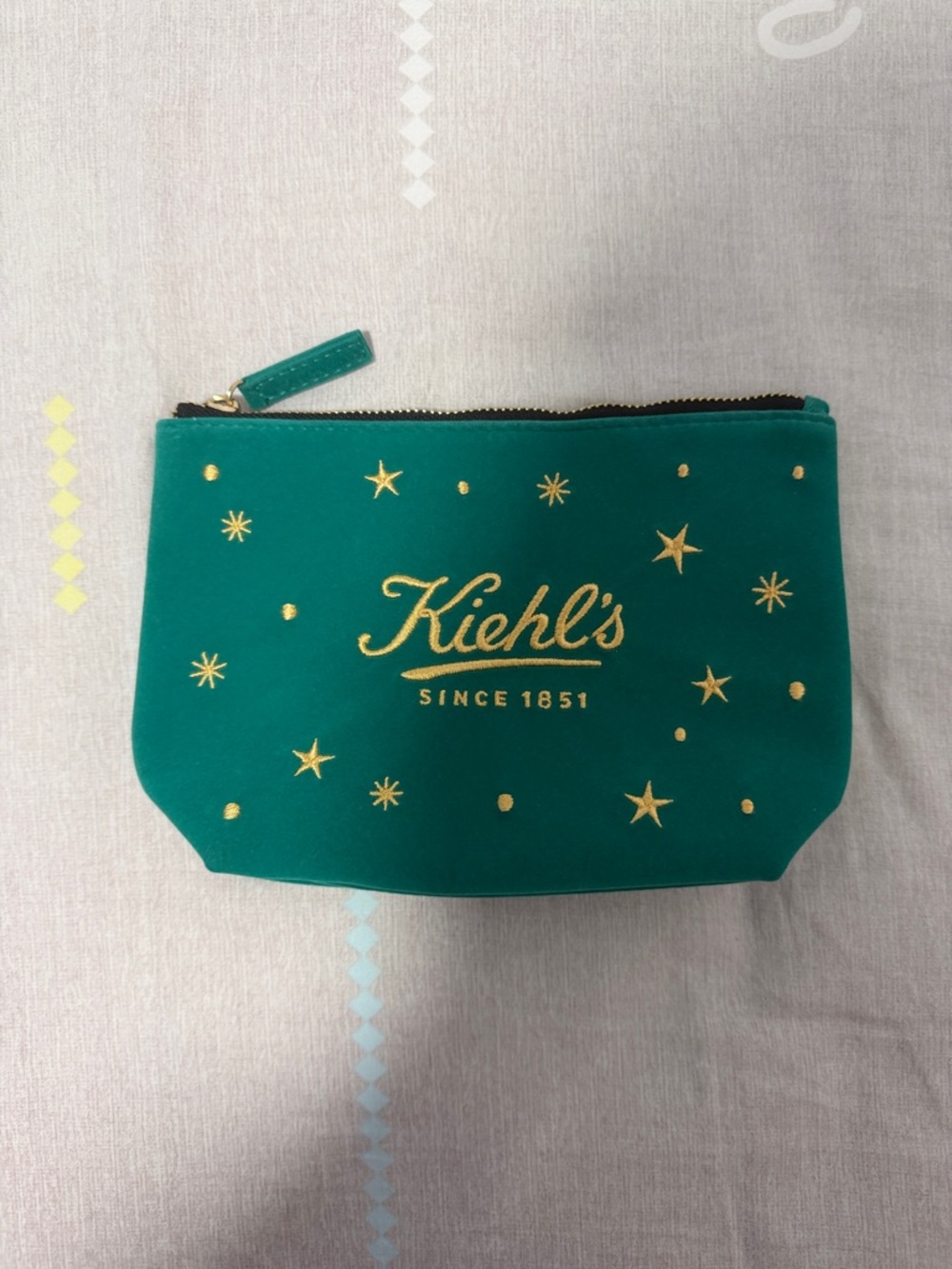 Kiehl's Teal Velvet Cosmetic Pouch with Gold Star Print